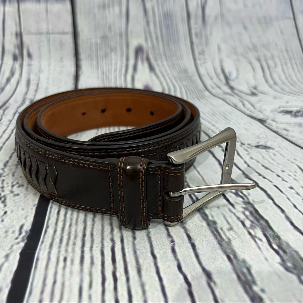 Cole Haan mens 42 dark brown woven leather belt made in India